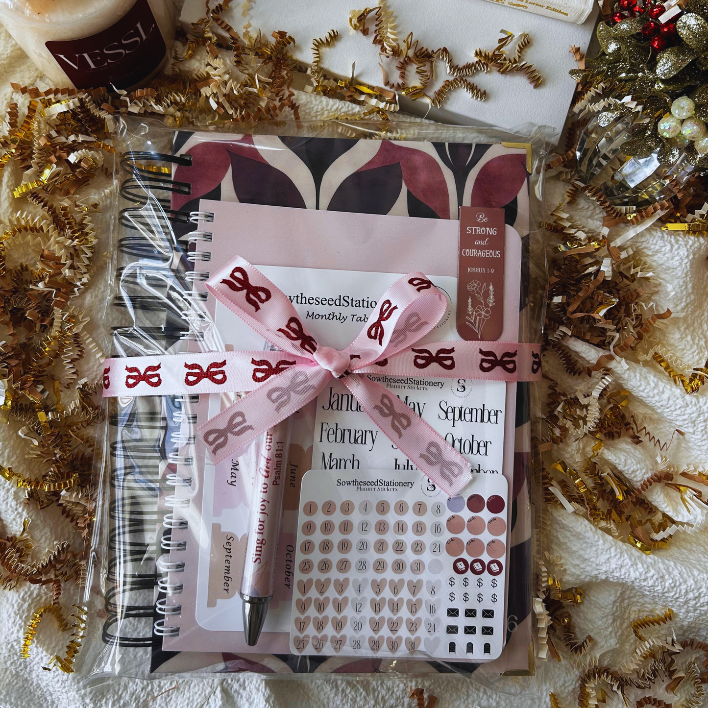 Diligence in Faith Planner Bundle | Mauve Christian Gift Set | Faith Notebook, Scripture Pen, Tabs & Bookmark