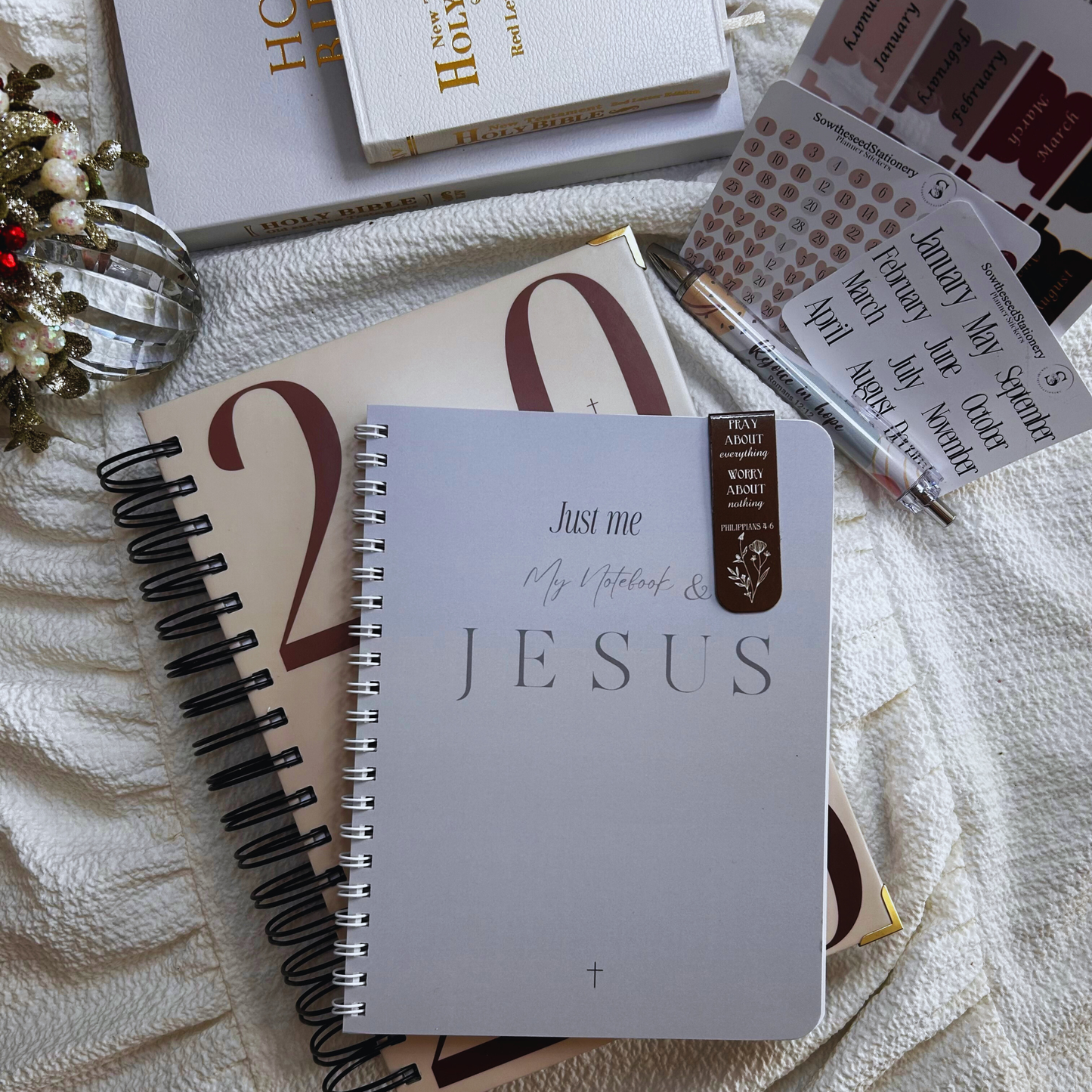 2026 Planner Bundle | Neutral Christian Planner Gift Set | Faith Notebook, Scripture Pen, Tabs & Bookmark | Beige Planner Set