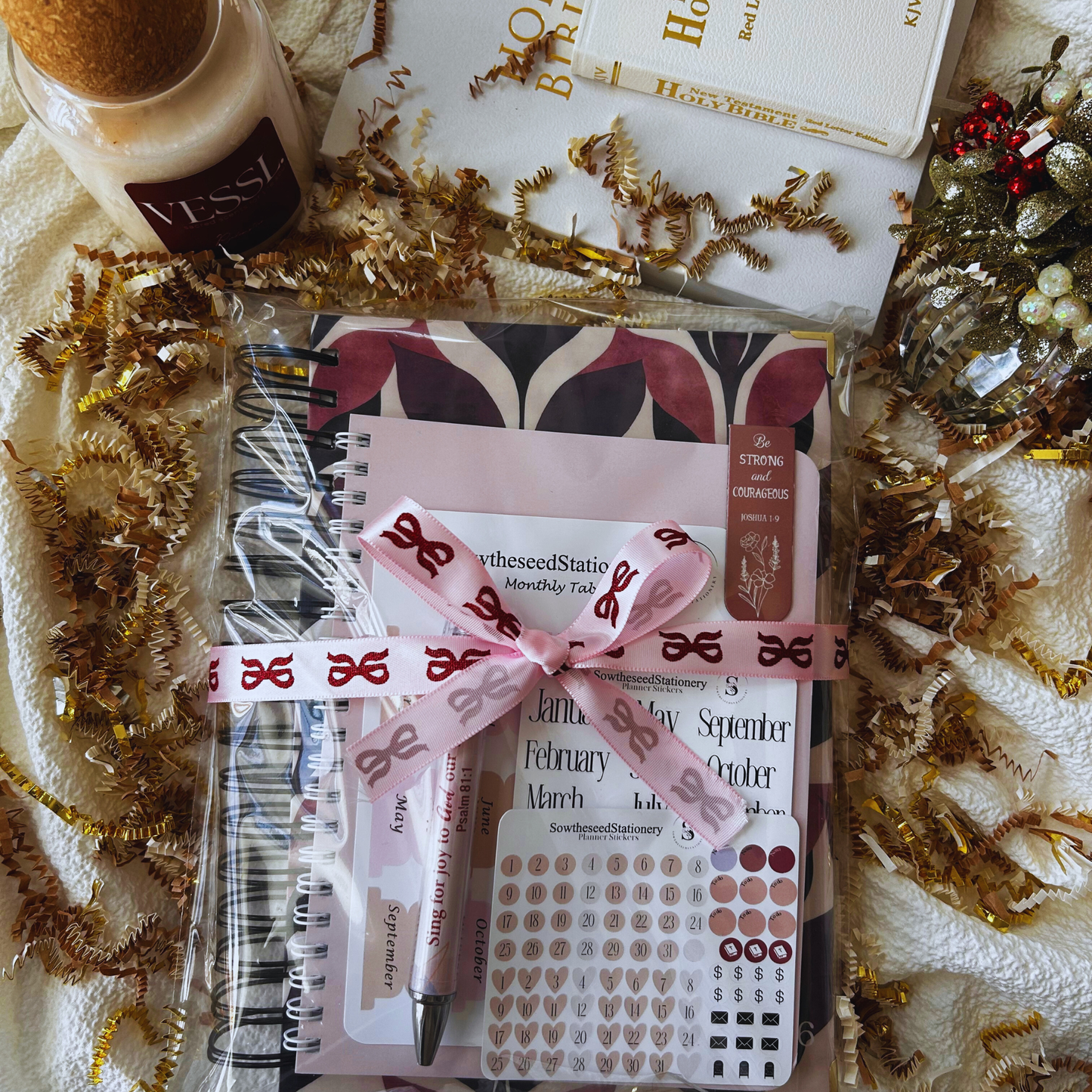 Diligence in Faith Planner Bundle | Mauve Christian Gift Set | Faith Notebook, Scripture Pen, Tabs & Bookmark