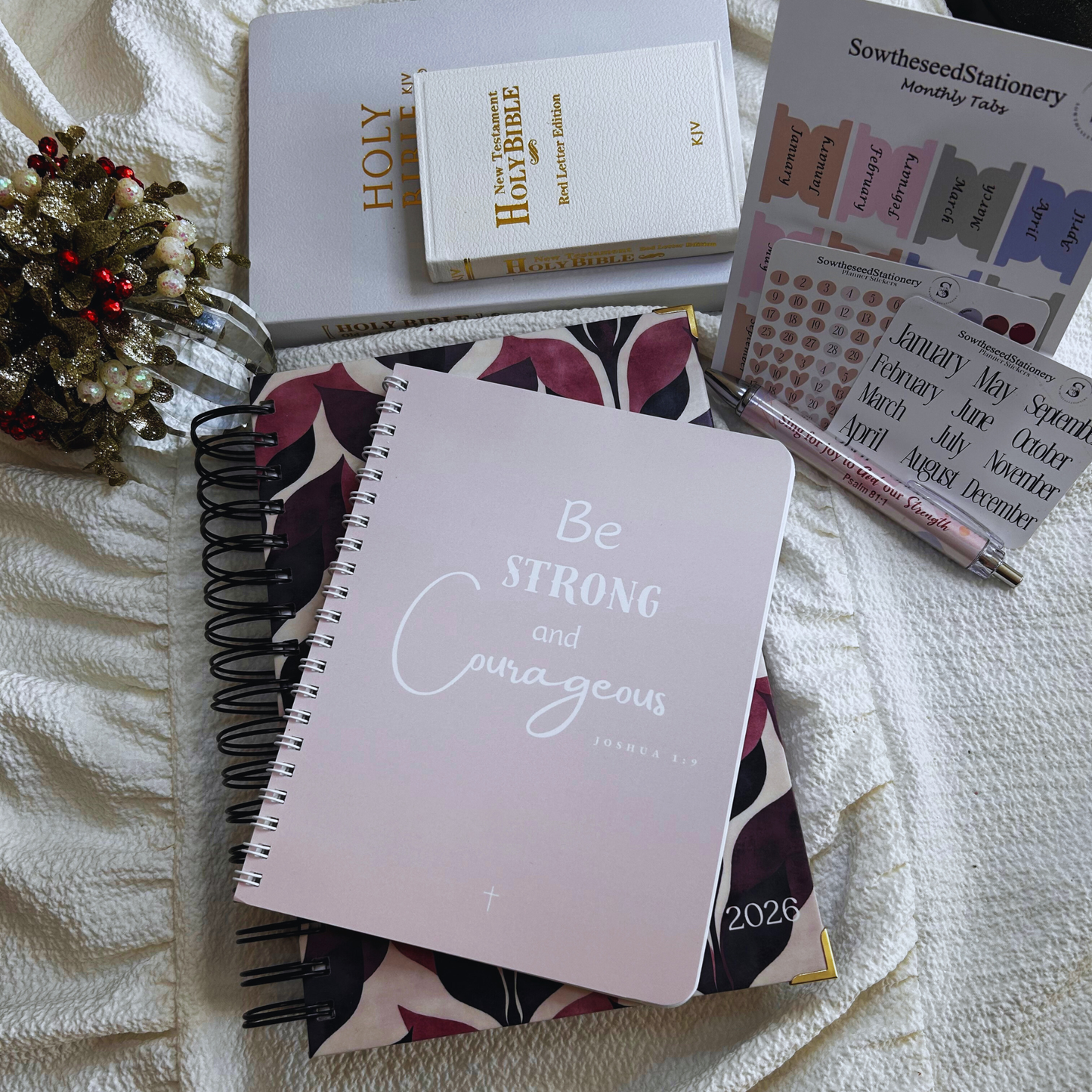 Diligence in Faith Planner Bundle | Mauve Christian Gift Set | Faith Notebook, Scripture Pen, Tabs & Bookmark